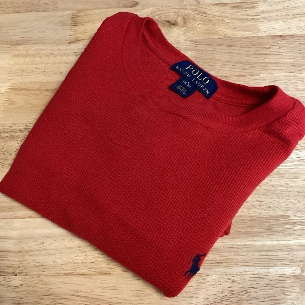 Boys Polo Ralph Lauren Long Sleeved Thermal Waffle Knit Shirt Red Large (14-16)